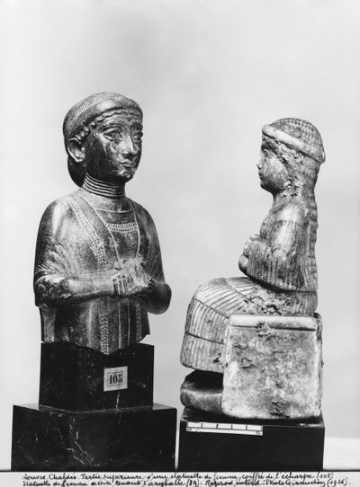 Woman with the shawl, woman holding an aryballos, profile view, Neo-Sumerian, from Telloh, ancient Girsu by Mesopotamian
